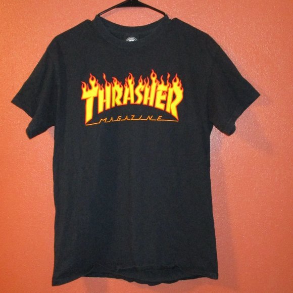 Thrasher Woman Medium Black Orange Yellow Skateboard X Games Short Sleeve Shirt - Picture 1 of 5